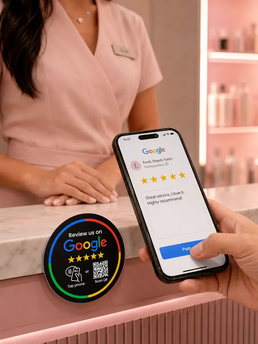 A Funnlr Google review disc on a salon counter beside a phone posting a five-star review