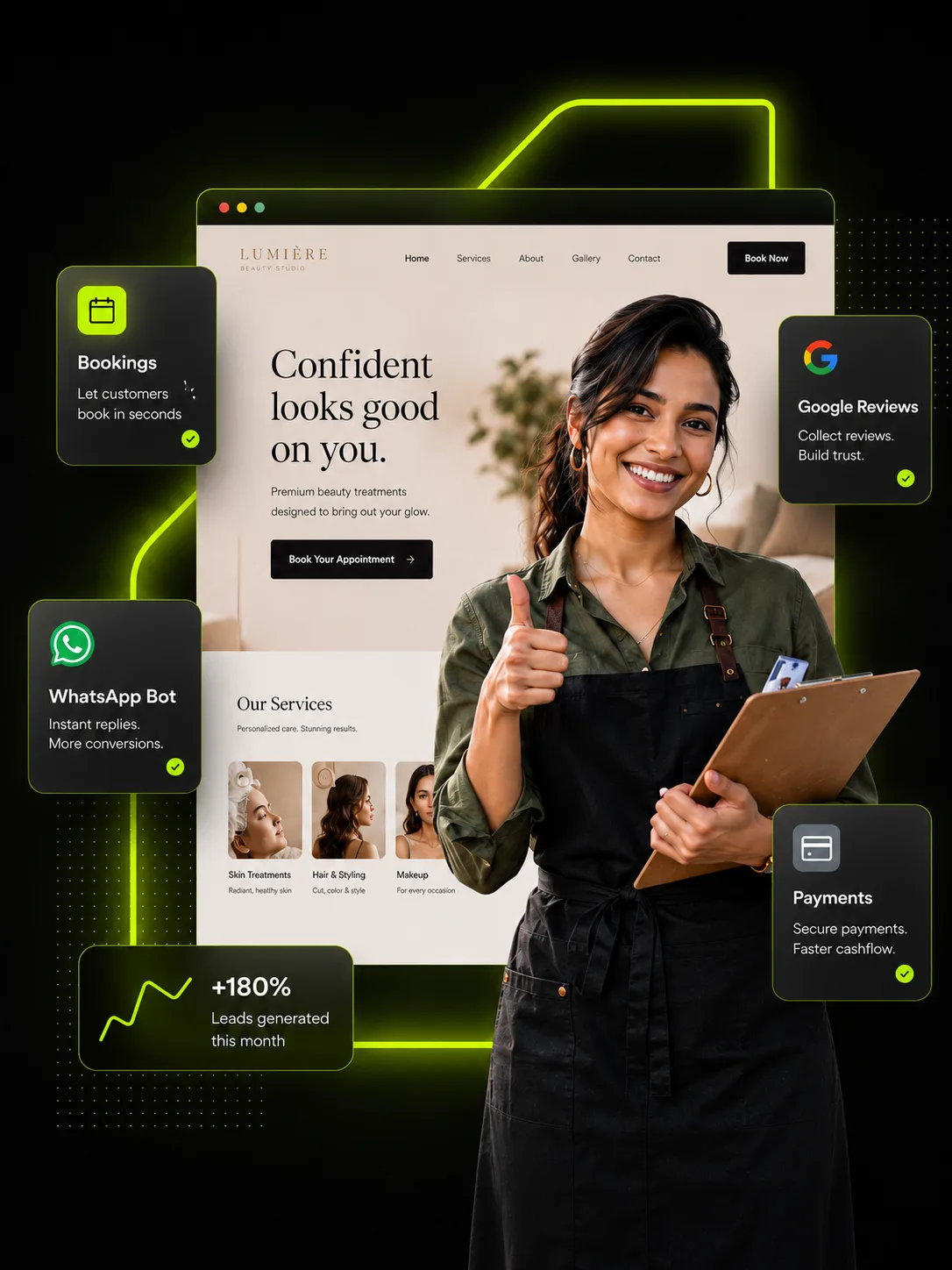 A Funnlr-built beauty studio website shown behind its owner, with bookings, WhatsApp bot, Google reviews and payments called out
