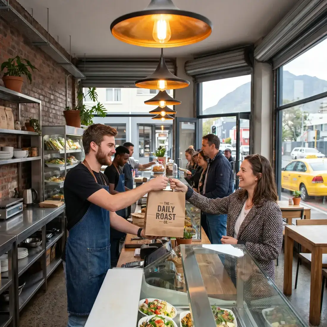 Barista handing a takeaway bag to a customer in a busy café