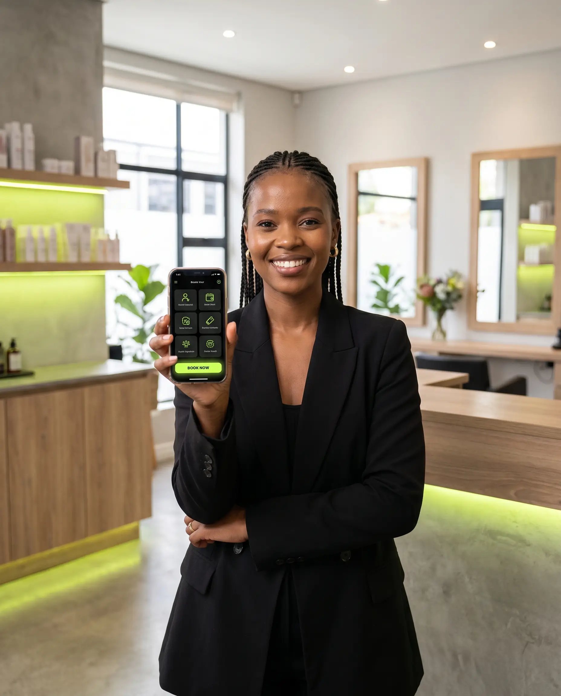 Salon owner holding a phone showing her Funnlr booking page