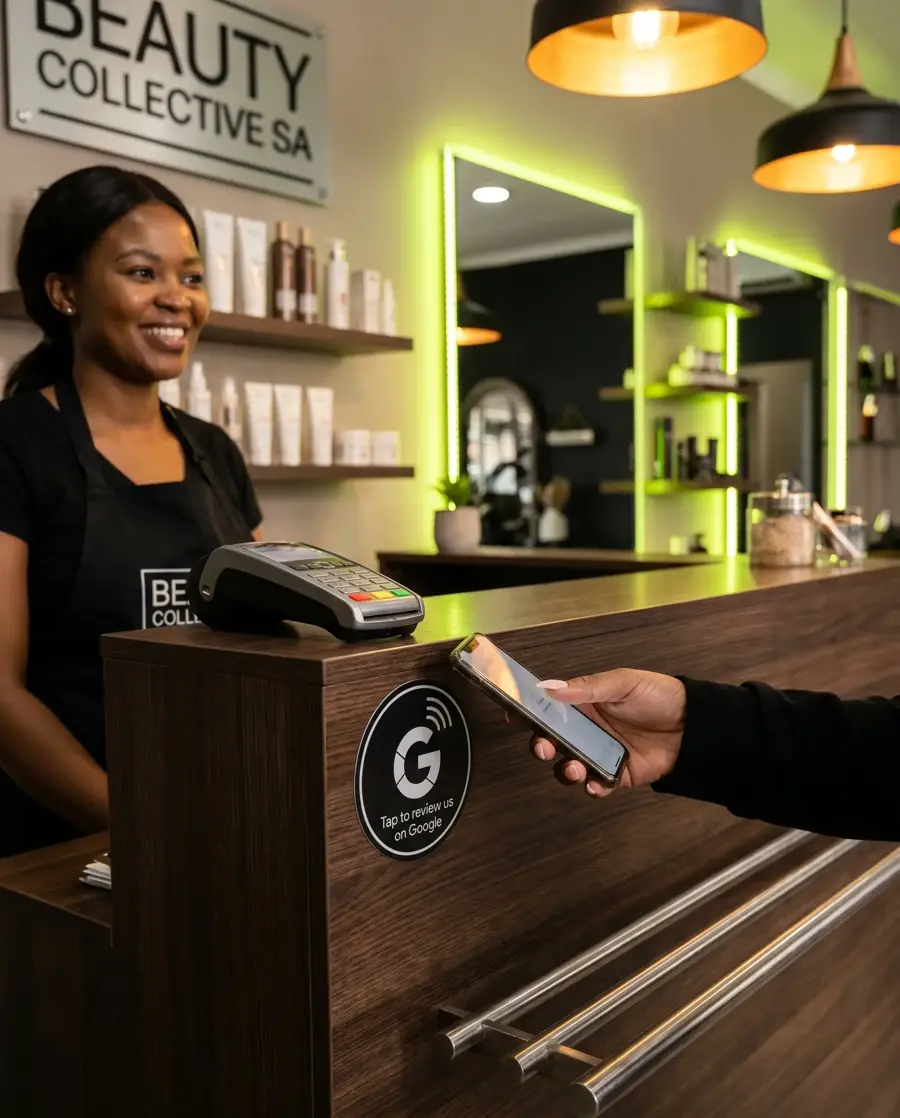 Customer tapping their phone on a Funnlr Google review disc at a salon counter
