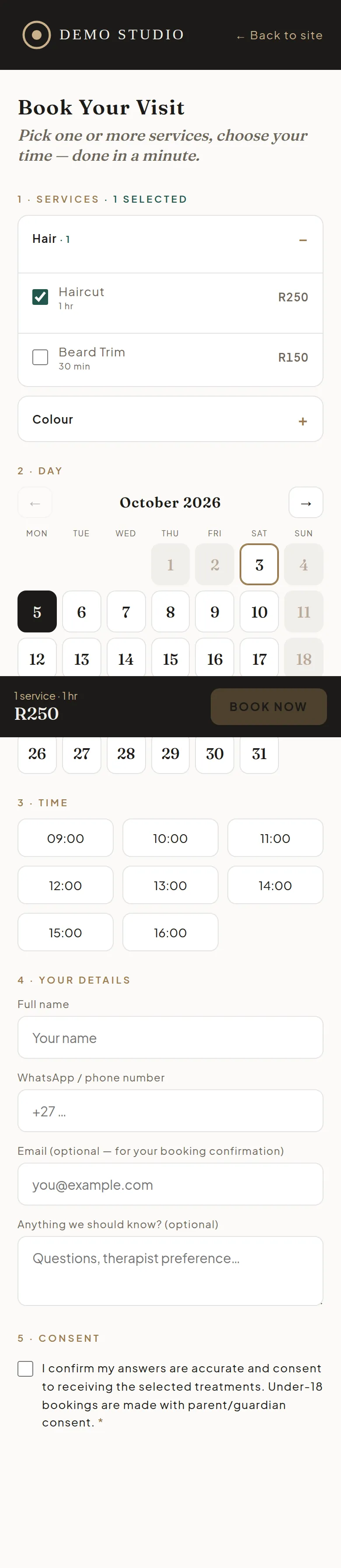 The live booking page: choose a treatment, pick a day, pick a time