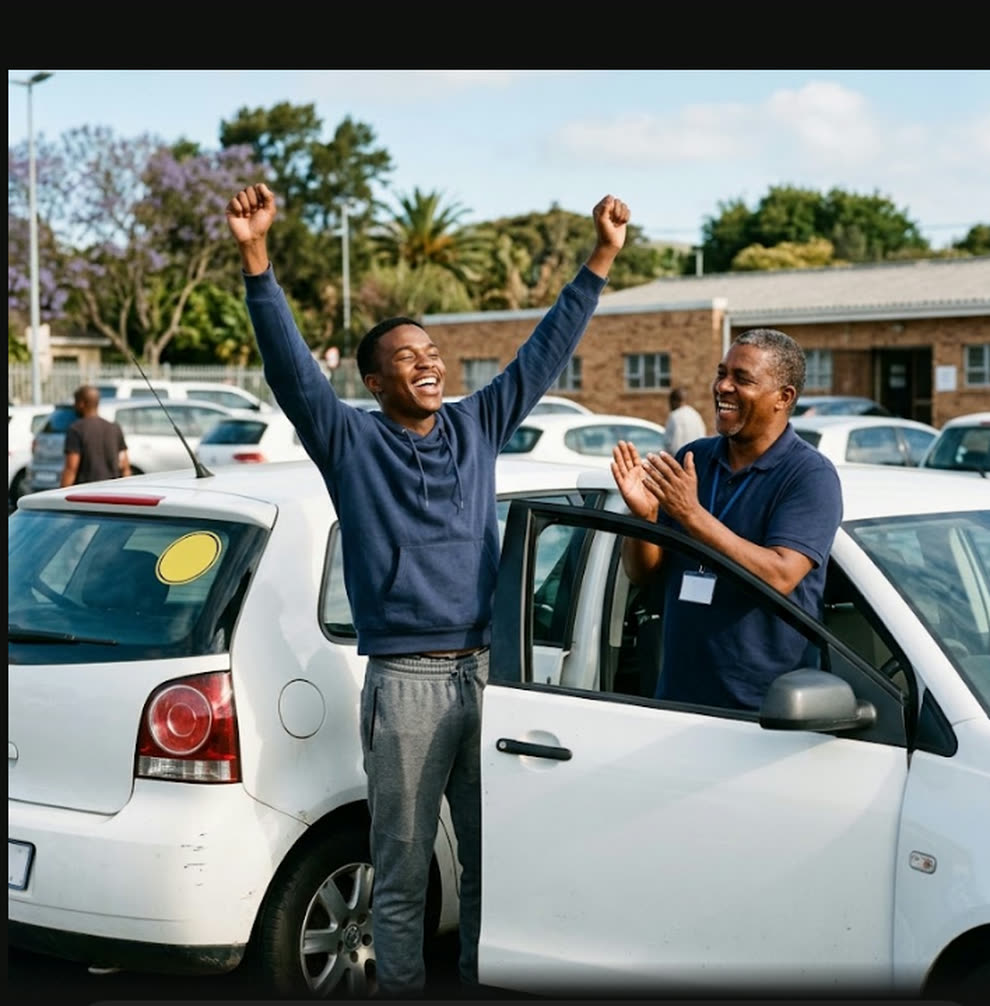 A learner celebrating after passing