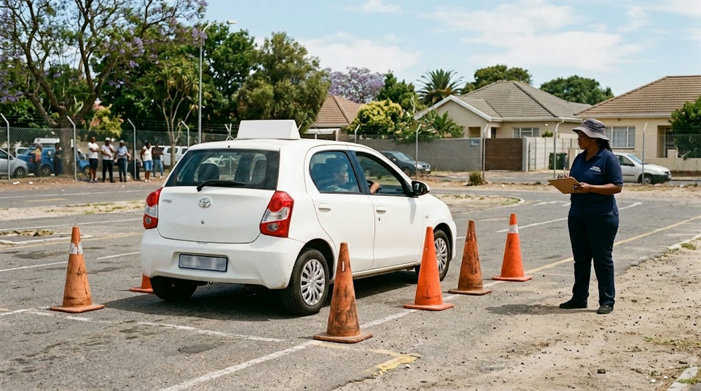 A training car parking between cones in a test yard