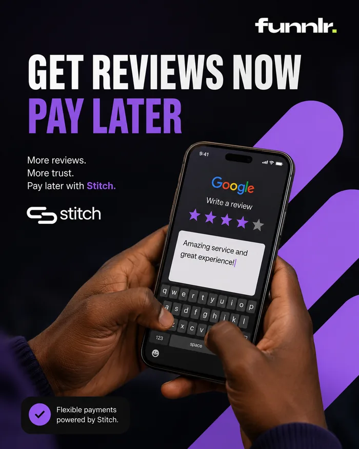 A customer writing a Google review on their phone. Get reviews now, pay later with Stitch.